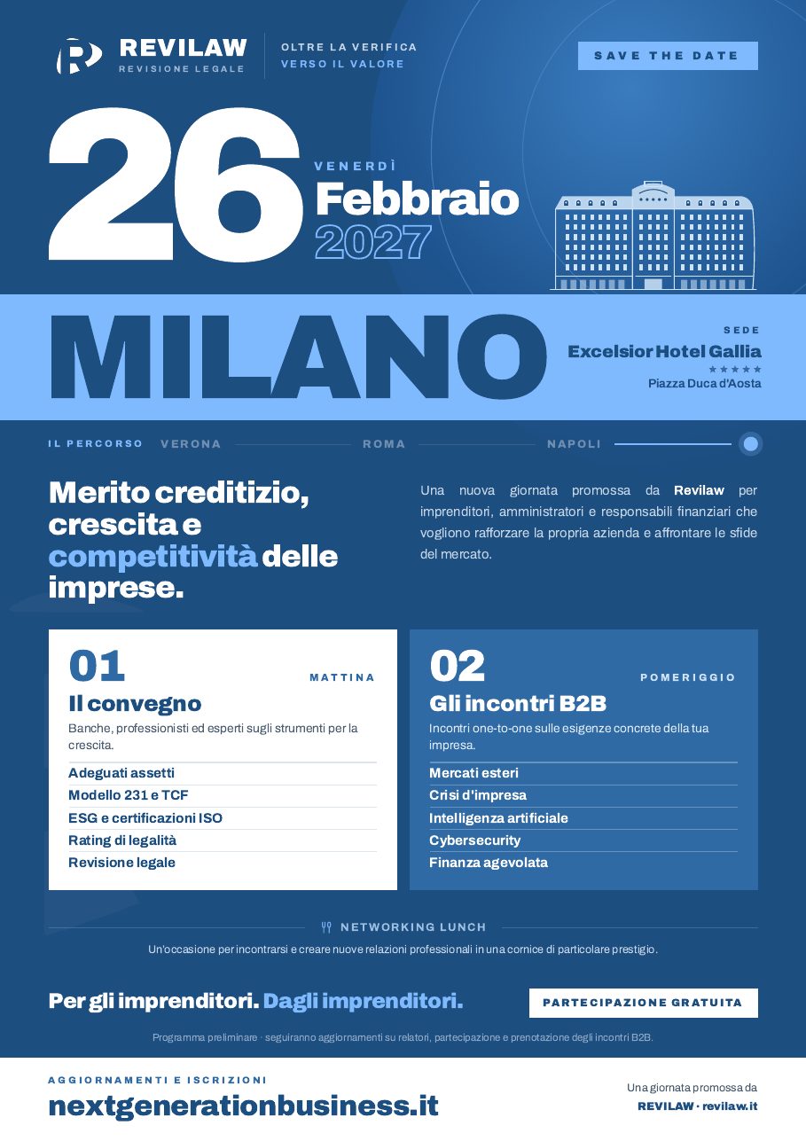 Save the date di Next Generation Business Milano, venerdì 26 febbraio 2027, Excelsior Hotel Gallia